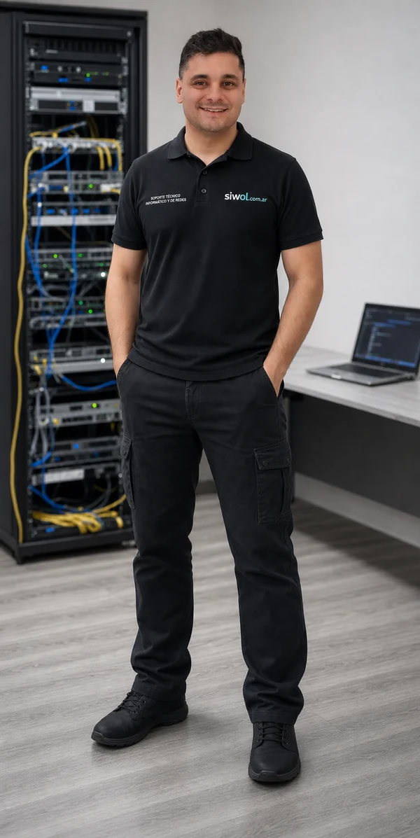César, técnico informático de SIWOL, junto a un rack de servidores